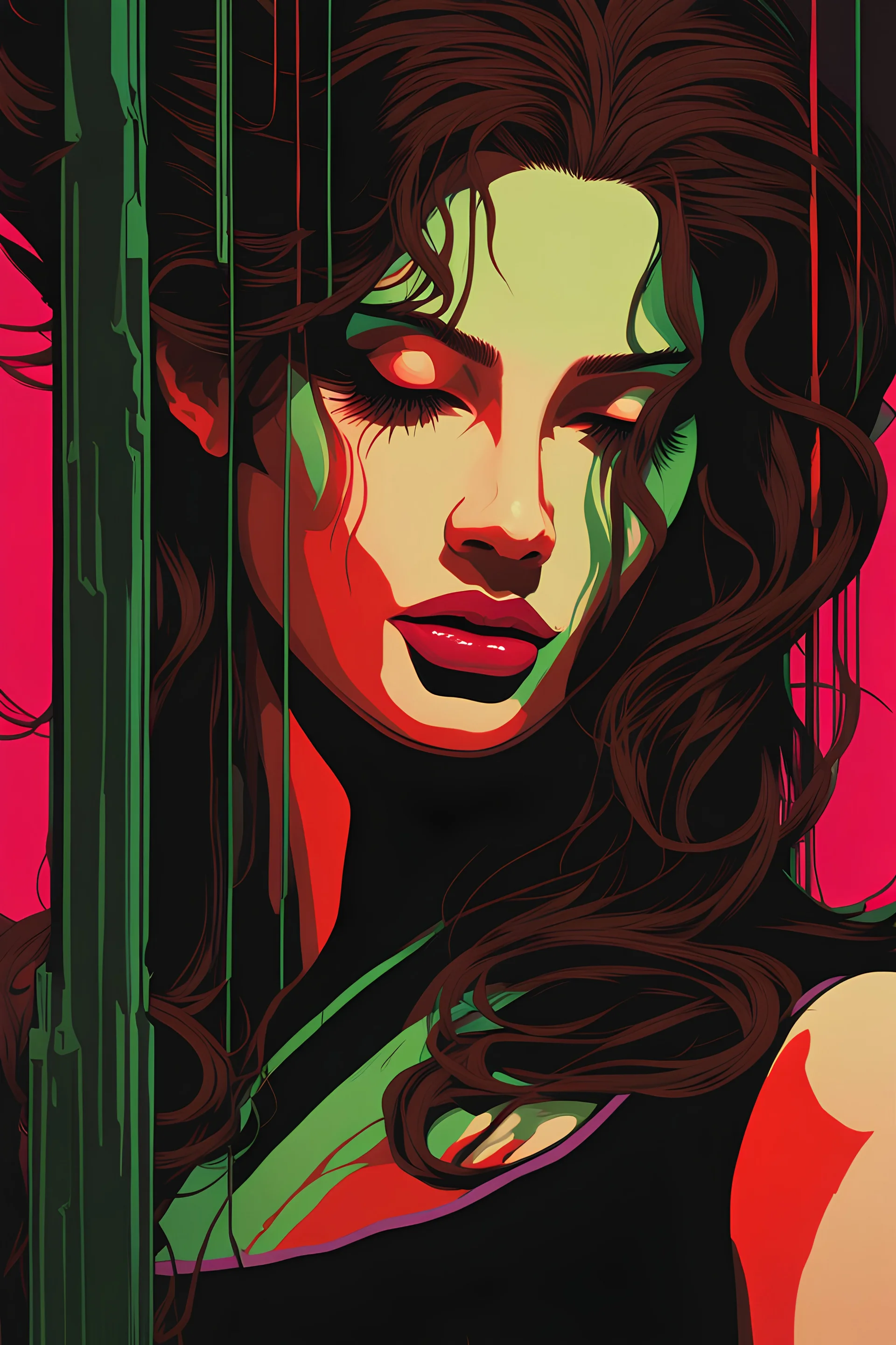 close-up ((head down ((((zombie)))) in sorrow-eyes closed)) - long floating brown hair ((shattered in many ghostly overprinted faces)) of women and men ((surrounding shadow faces)). Neon vivid red to green Dark mood, Oil neon painting Expressionit art ((80's horror poster)), Patrick Nagel, synthwave, Photo realistic.