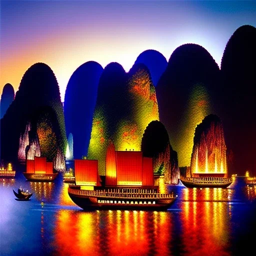 Ha Long Bay, Vietnam,fisher boats,extremely detailed digital painting, high resolution,8k, realistic, beautiful, volumetric lighting, mystical colors ,perfectly centered image, perfect composition, rim light, beautiful lighting,masterpiece, stunning scene, raytracing, anatomically correct, in the style of robert e howard and Ken Kelley and Ohrai Noriyoshi and Simon Bisley and tomzj1, aerial view,cloudy.