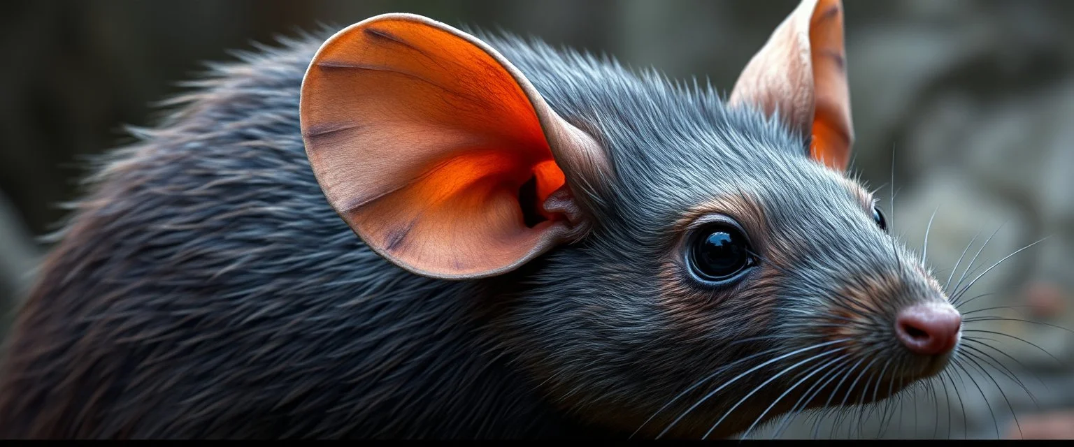 The Large Rodent (Fantastical Mouse/Rat) This creature blends realism with fantasy, appearing as a mythical forest dweller: Appearance & Features: Fur: A rich tapestry of brown, gray, and dark charcoal hues, with individual hairs rendered in fine detail to create a lifelike, textured coat. Ears: Enormous, light brown on the outer surface with a vivid pinkish-orange interior (suggesting sensitivity to sound). They dominate its head, emphasizing its heightened hearing.