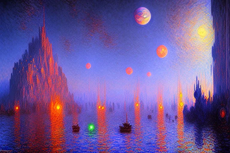 Epic futuristic street, exoplanet in the sky, claude monet impressionism painting