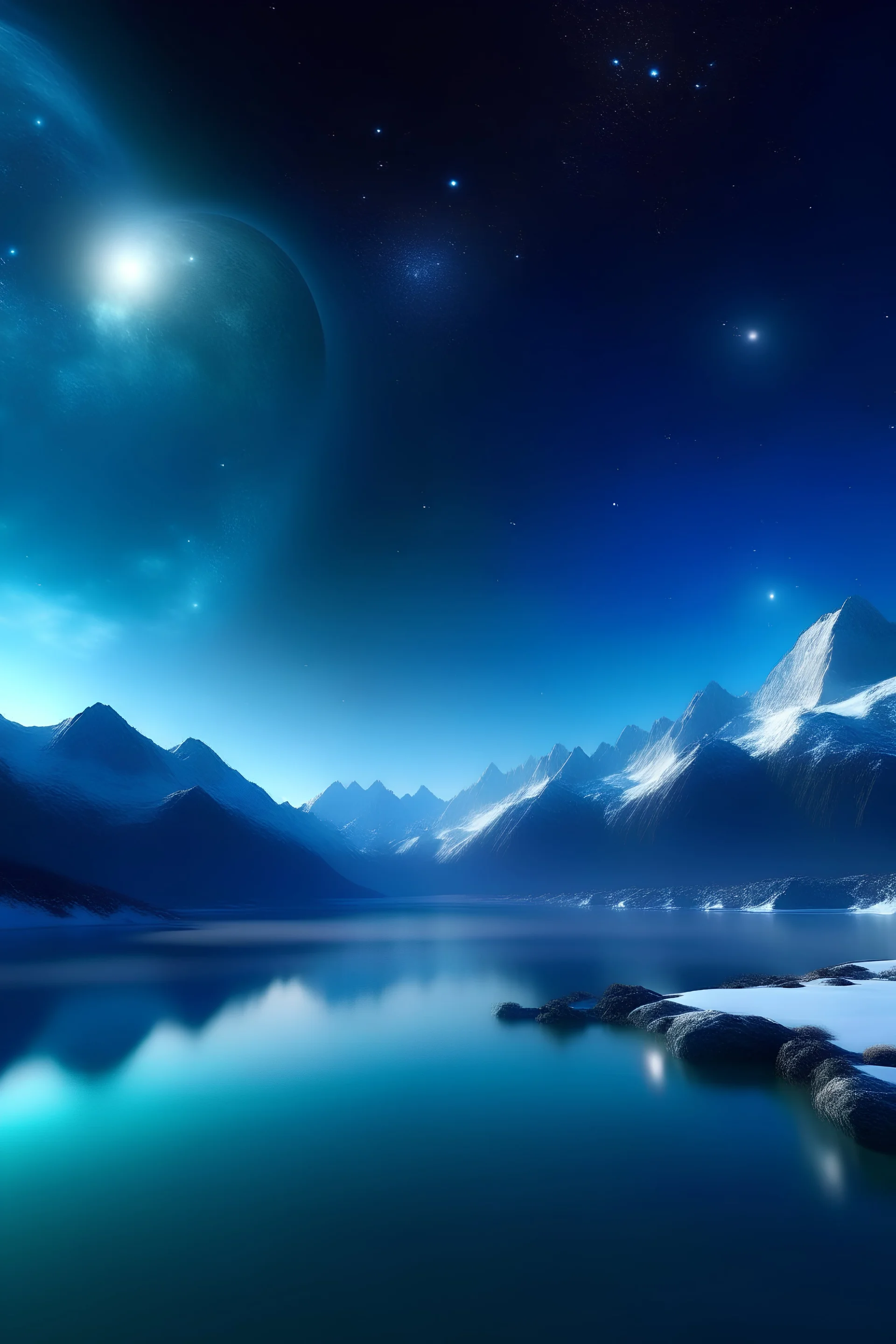 A blue lake, high mountains with snow on the top in the background, a starry night with a visible planet, big saturn