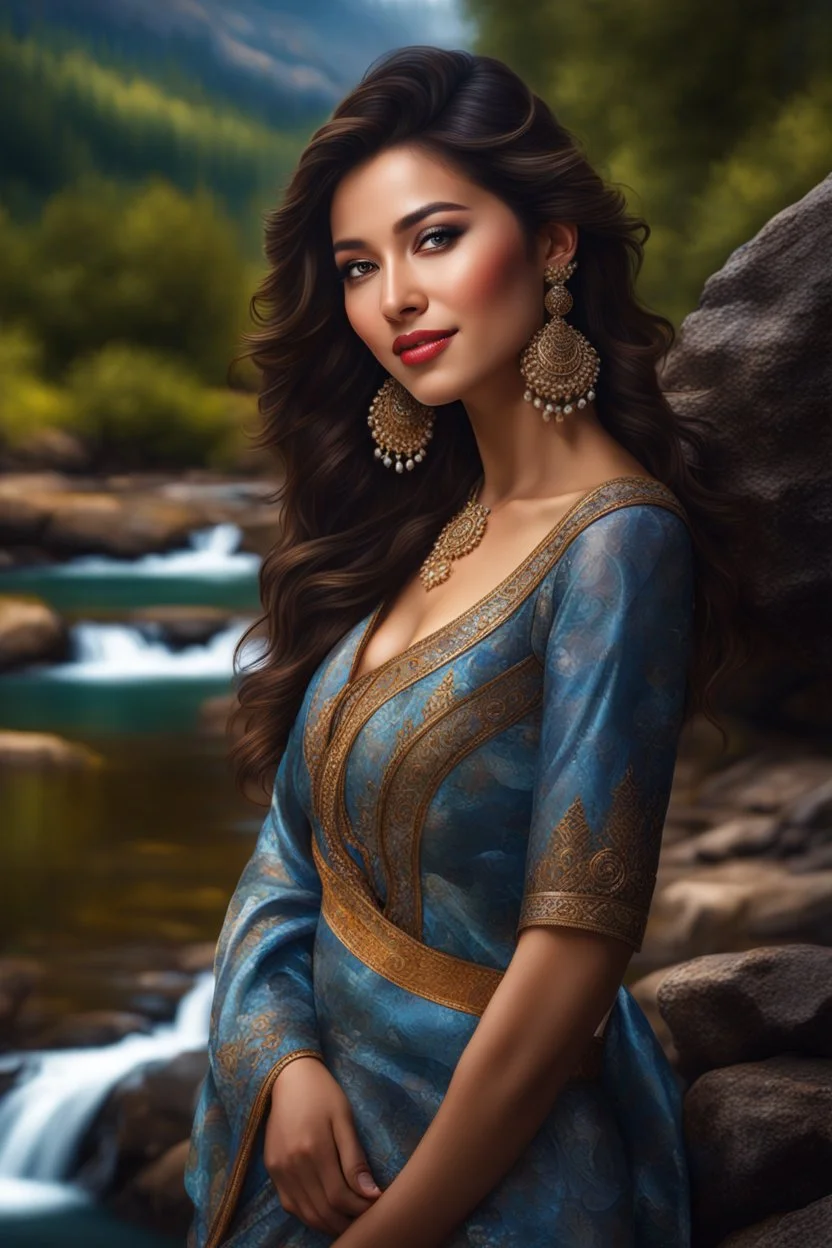 full shot body photo of the most beautiful artwork in the world featuring model, happy mood, High Detail, dramatic, photo realistic, ultra sharp, ultra hd, hyper realistic, ultra realistic, ((((dress)))), trending on artstation, sharp focus, studio photo, intricate details, highly detailed, standing in nice pose in country side with river ,water fall ,rocky valley,mountains at background, pretty clouds