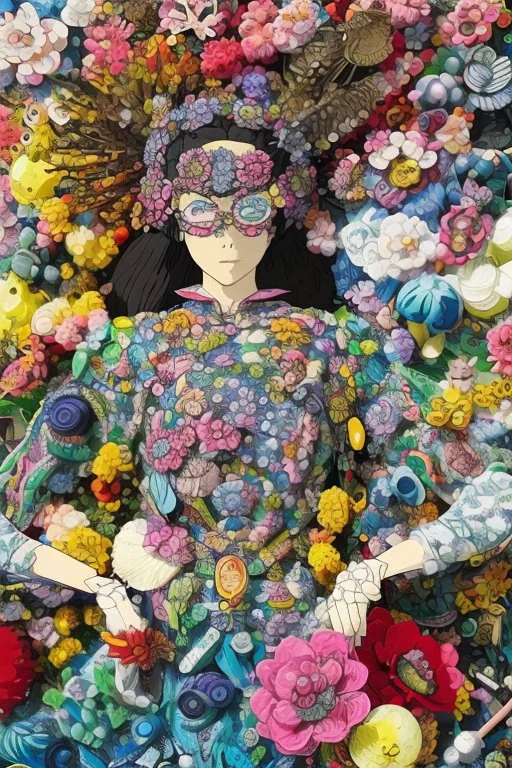 'Doll Parts" depicts a statue at Burning Man consisting of mismatched doll parts decorated with intricately detailed quilling consisting of flowers, foliage, feathers, shells, fossils, wood, pinecones, and gemstones; surrealism; Salvador Dali; Mixed media, quilling, rapturous, award-winning, intricate, insanely detailed, elegant, fantasy