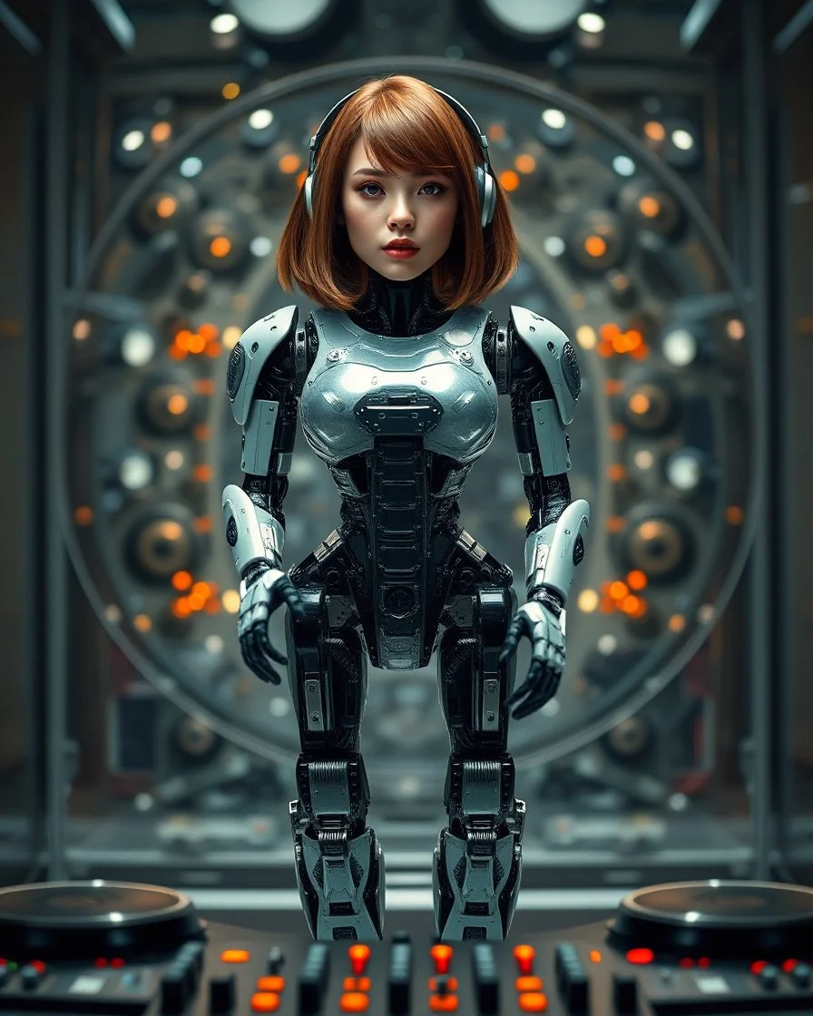 full body all to feet Beautiful front view A pretty Female brown short hair style She Hybrid robotic Dj chasing clear surfaces it from transparency super clear glass explore inside machine components, advance design futuristic sci fi picture,find details,Sony Alpha 7 50mm 1.8,medium shot, high-resolution image with fine details,ultra detailed,ultra realistic,extremely realistic,intricate,photorealistic,epic composition