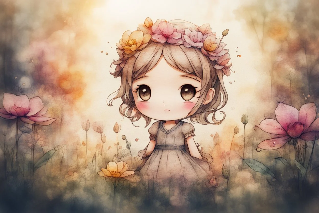 double exposure, merged layers, painted and burned burlap, cute chibi happy anime flower princess in a flowergarden, melting watercolor and black ink outlines on wet paper, soft, shading strokes, in sunshine, ethereal, otherwordly, cinematic postprocessing, bokeh, dof