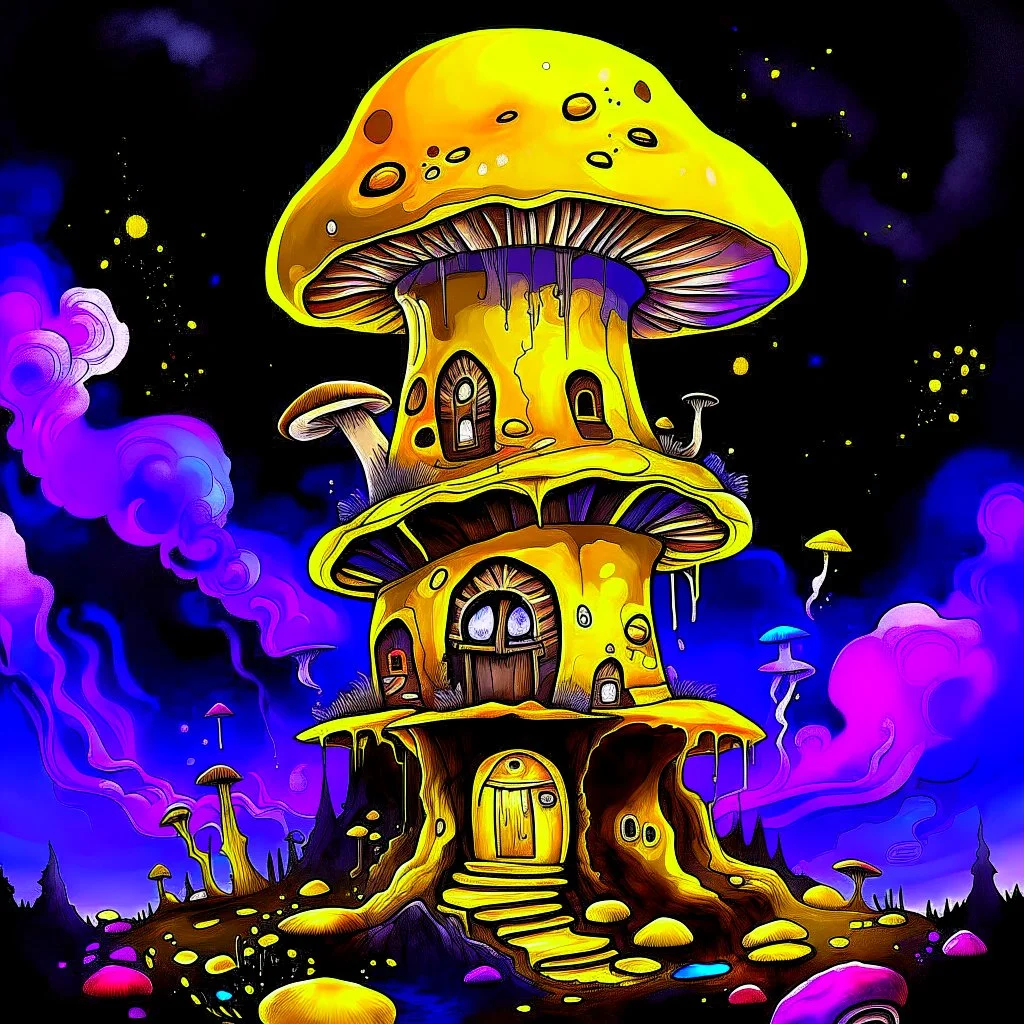 A fantabulous black, yellow, and indigo (((mushroom tower house))) erected atop a (geologic pillar), surrounded by the uncanny imaginative ((( swirling skies))), offset by the stark hues of a (neon-tinged nebulous space scape), within. captured by the hand a skilled master painter with a focus on (softly blurred compositions and voluminous lighting).