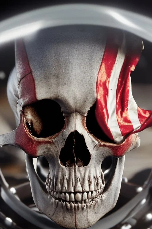 A close up of a skeleton face looking at the camera from a mysterious side view. Deep bony features and inside the hollow eyes are red shining lights, scary. Dressed in an astronaut suit floating in space. On his suit is an American flag and in his one hand is a small wavering American hand flag. From the back of his suit is blowing out blue, white and red smoke. Realistic, 8k, highly detailed, funny