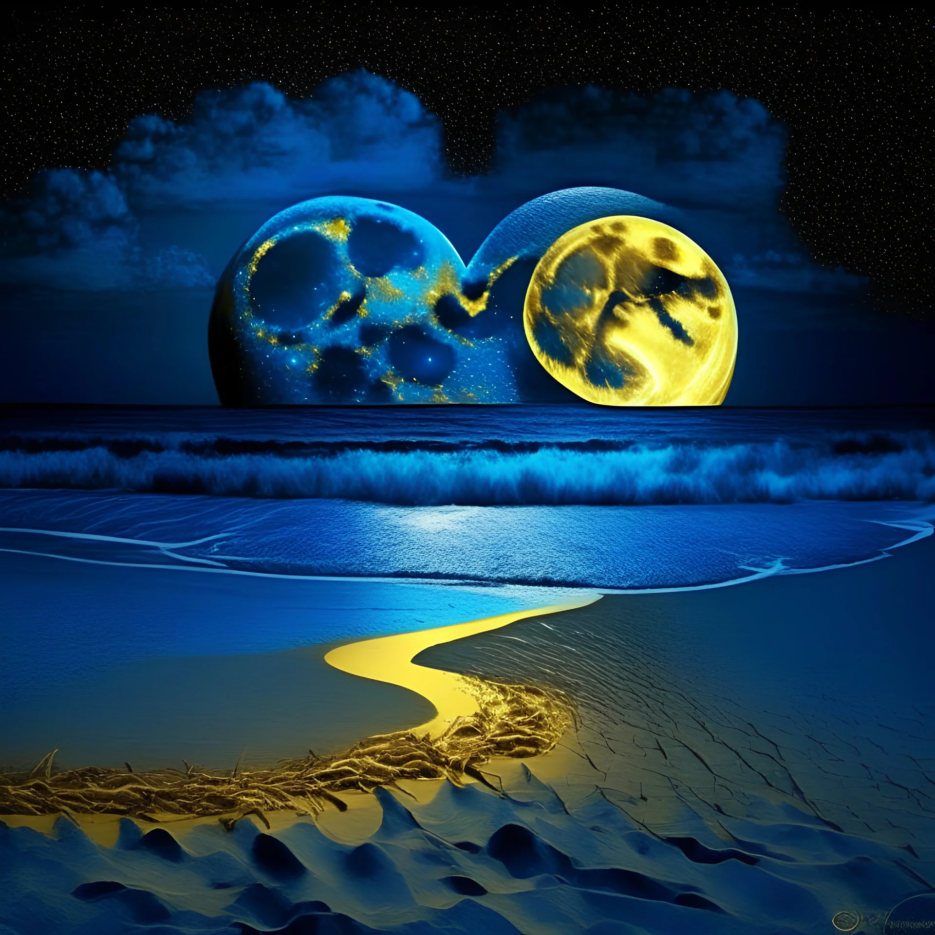 electric heart blue and gold moon on the beach