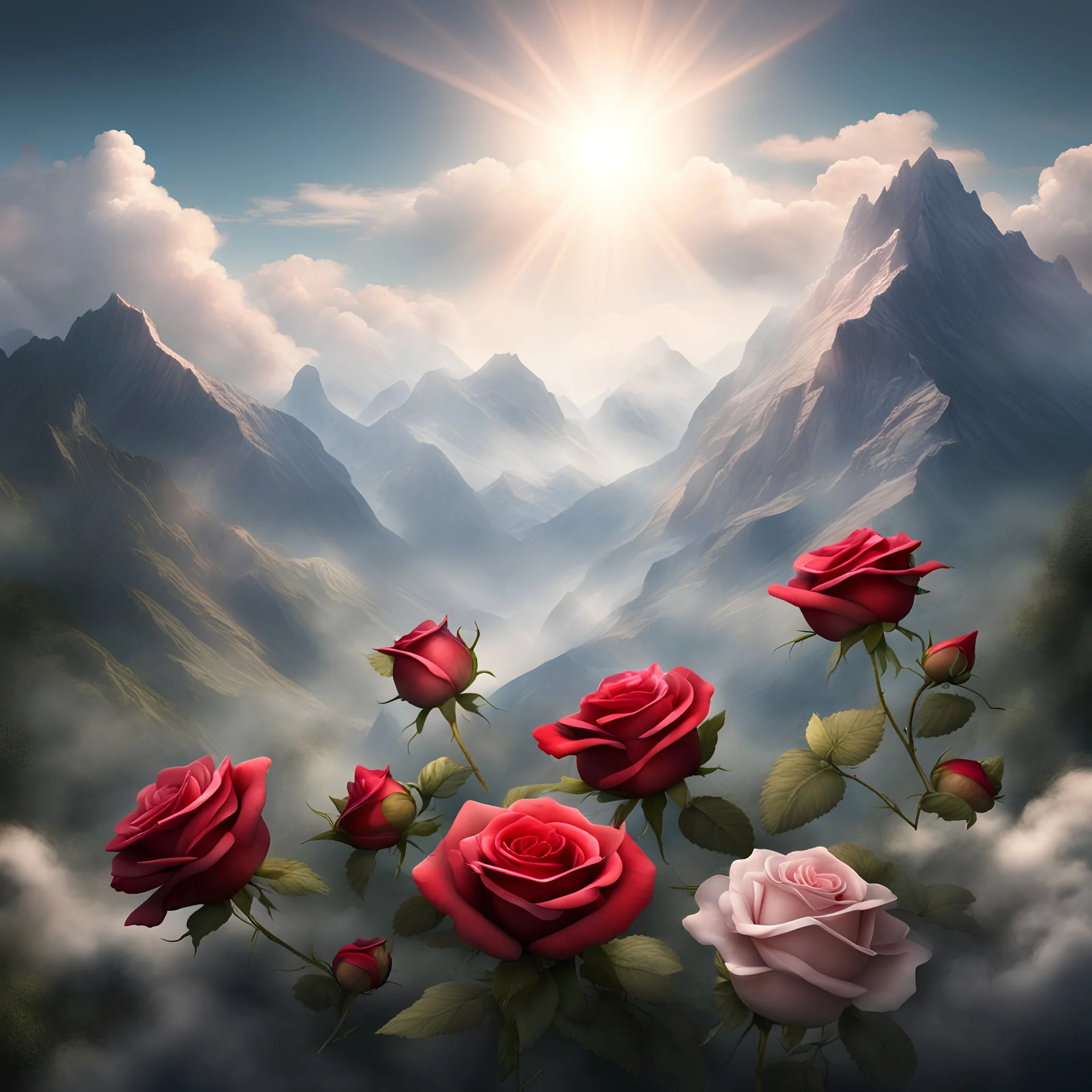 realistic a serene mountain landscape. clouds, a light spot with sunbeams. Three red roses rise separately to the bright spot. The bottom rose is the largest, the top rose is the smallest. everything detailed, environment detailed, 3D beautiful natural background