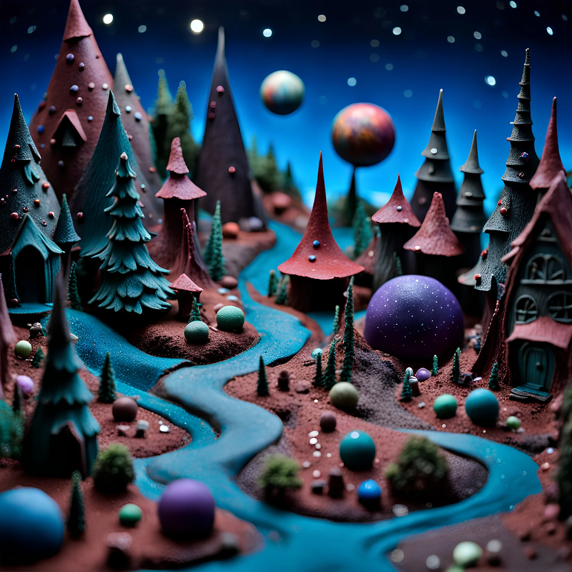 Detailed creepy landscape made of modeling clay, village, stars and planets, Roger Dean, naïve, Tim Burton, strong texture, Ernst Haekel, extreme detail, Max Ernst, decal, rich moody colors, sparkles, Yves Tanguy, bokeh, odd