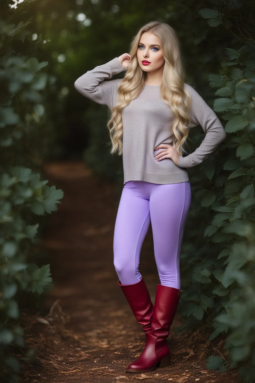 beautiful 18 year old girl with ash blonde hair and blue eyes with her curvy hair down, wearing a long-sleeved woollen top, and lilac long leggings, with long red boots full body standing pose shot