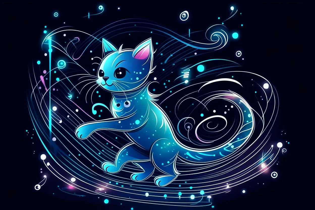 cute chibi dynamically dancing cat, holographic, bioluminescent, an image visualizing musical notes in an abstract and dynamic composition. Let the musical notes dance in the air, forming a symphony of shapes and symbols that convey the essence of sound. Show the notes floating and intertwining in air, creating a visually harmonious composition