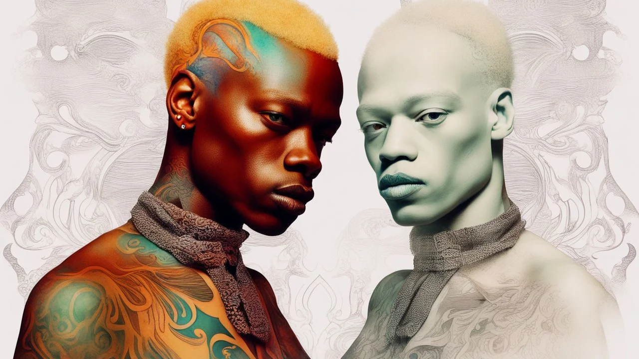 albino man with tattoo in the style of afrofuturism, wealthy portraiture, colorful, kimoicore, harlem renaissance, atmospheric, vibrant color washes