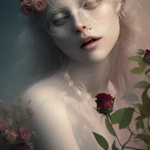 woman lying on satin pilow with closed eyes and cobwebs on face, hands crossed on holding roses, 8k, high-quality, fine-detail, intricate, sharp, crisp, digital art, detailed matte, illustration, octane render, brian froud, howard lyon, Anne Dittman, Anne Stokes, Lisa Parker, Selina French