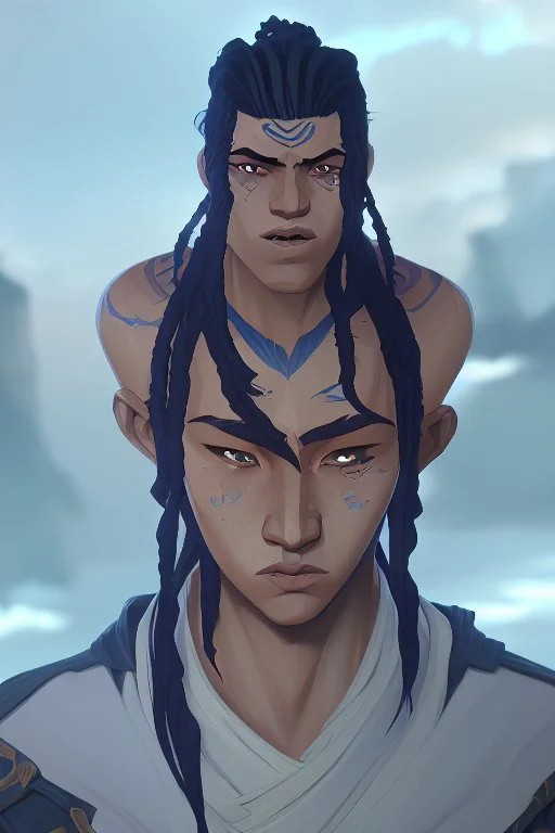 A young male water genasi with deep blue skin color, waterlike dreads on head. Shaolin monk with long stick weapon,