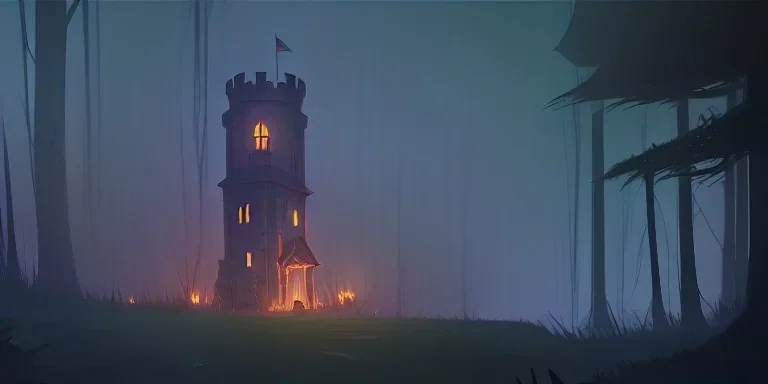 Ruined abandoned overgrown small castle tower in a dense coniferous forest, night, misty, atmospheric, fireflies