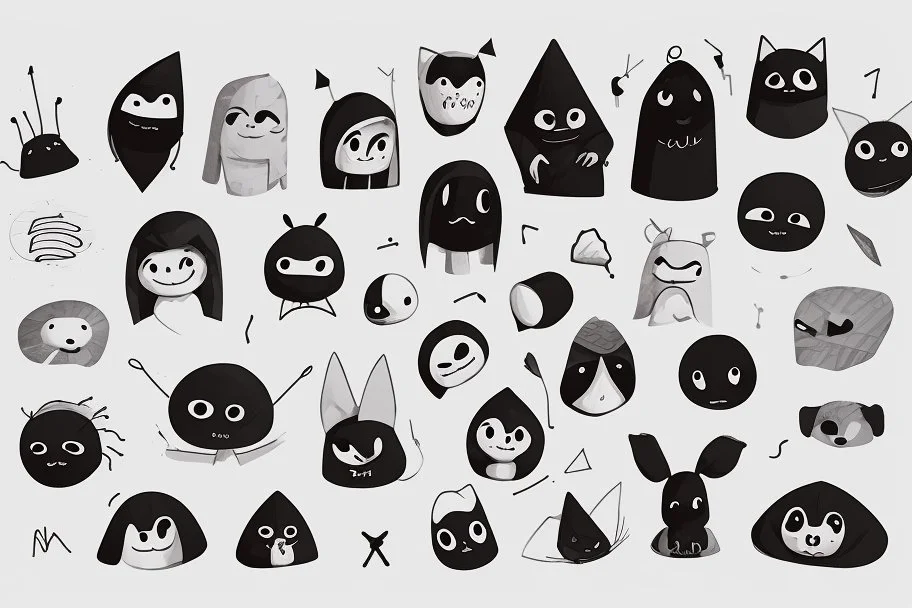 6 simple shaped hand drawn cartoon characters that are cute dark and have hoodies