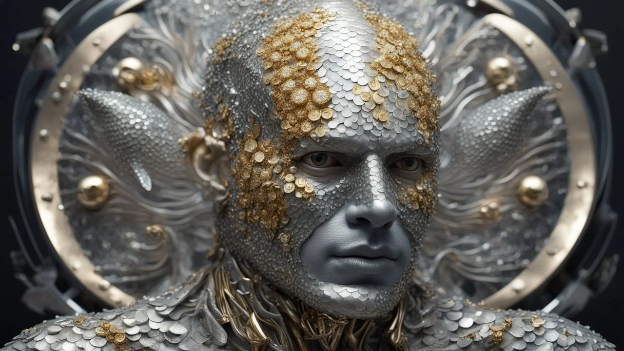 figure of a fish man with fish scale skin, art from Jasper Harvey's "art of control" collection, futuristic optics style, silver and gold, flower, bird, detailed facial features, swirling vortices, 8k 3d, bizarre cyborgs made of crystals, high detail, high resolution, 8K