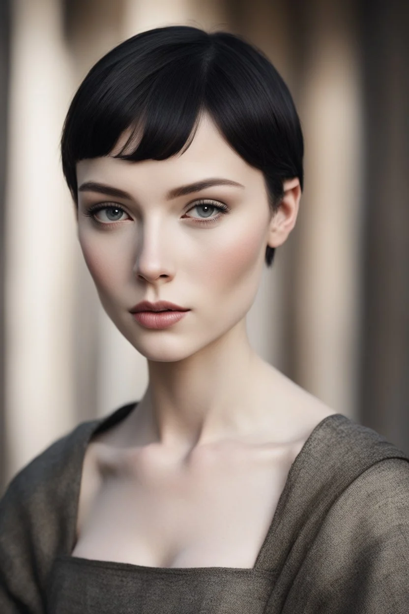 Scandinavian athletically built medieval woman with black short hair, pale skin, pretty lips