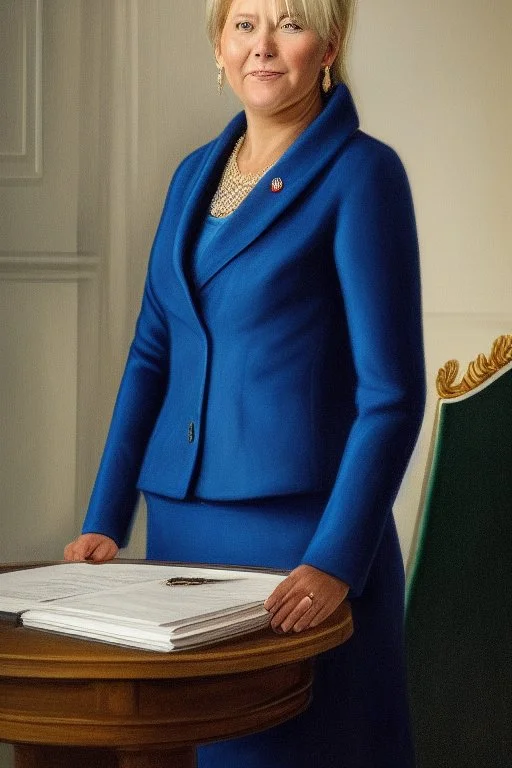 Portrait of a rich conservative norwegian female president in 2068