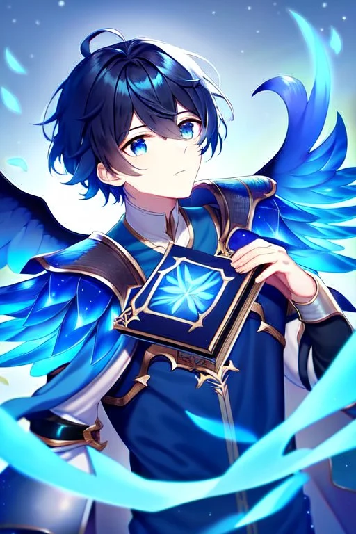 a person in runic armor with blue wings, blue short hair, runic tattoo and spell book, male