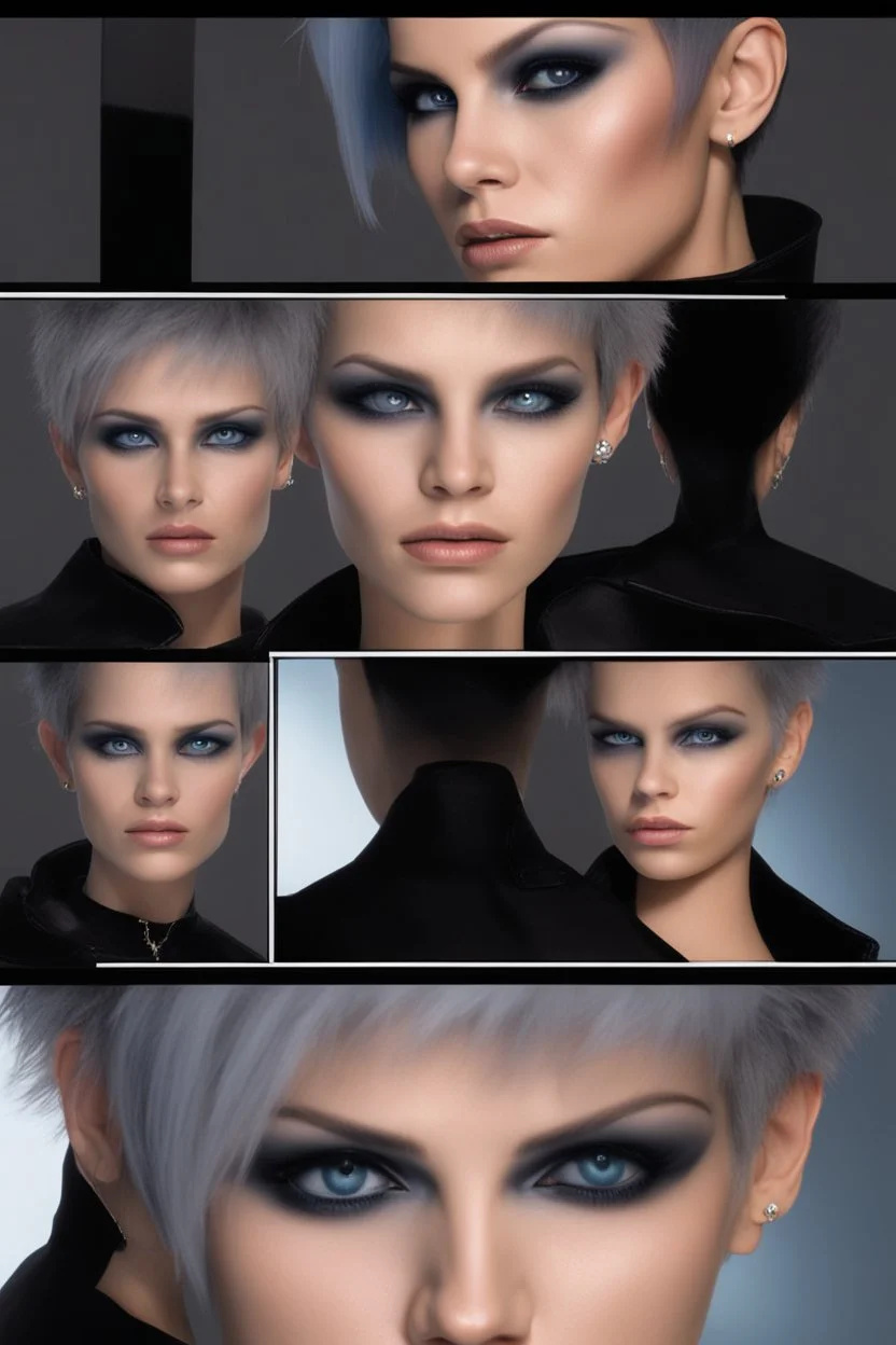 ProtoVision - Absolute reality --a black and gray gradated wall in the background with fog -- If Billy Idol was a Pixar animated emo female -- facial portrait -- absolutely stacked, thin, petite, little, with great big giant bazoombas, short, military-cut, buzz-cut, pixie-cut black hair tapered on the sides, blue eyes, wearing short sleeved, nylon, Turtleneck half shirt, mini shorts, black fishnet stockings, punk rock styled, platform boots, black lipstick,