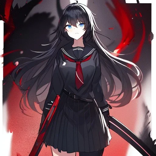 Clear focus, High resolution, long black fluffy hair, blue eyes, wearing a black sailor uniform, red tie, yandere, rough line sketch, dark aura, holding a katana