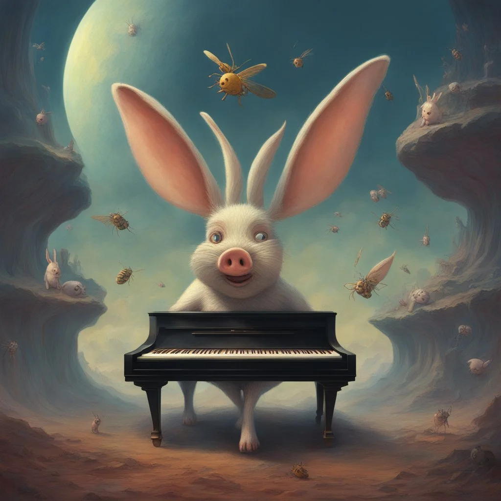 bugs bunny composer piano, diffrent planet, one swine pig piggy flying wasp angel, beksinski style