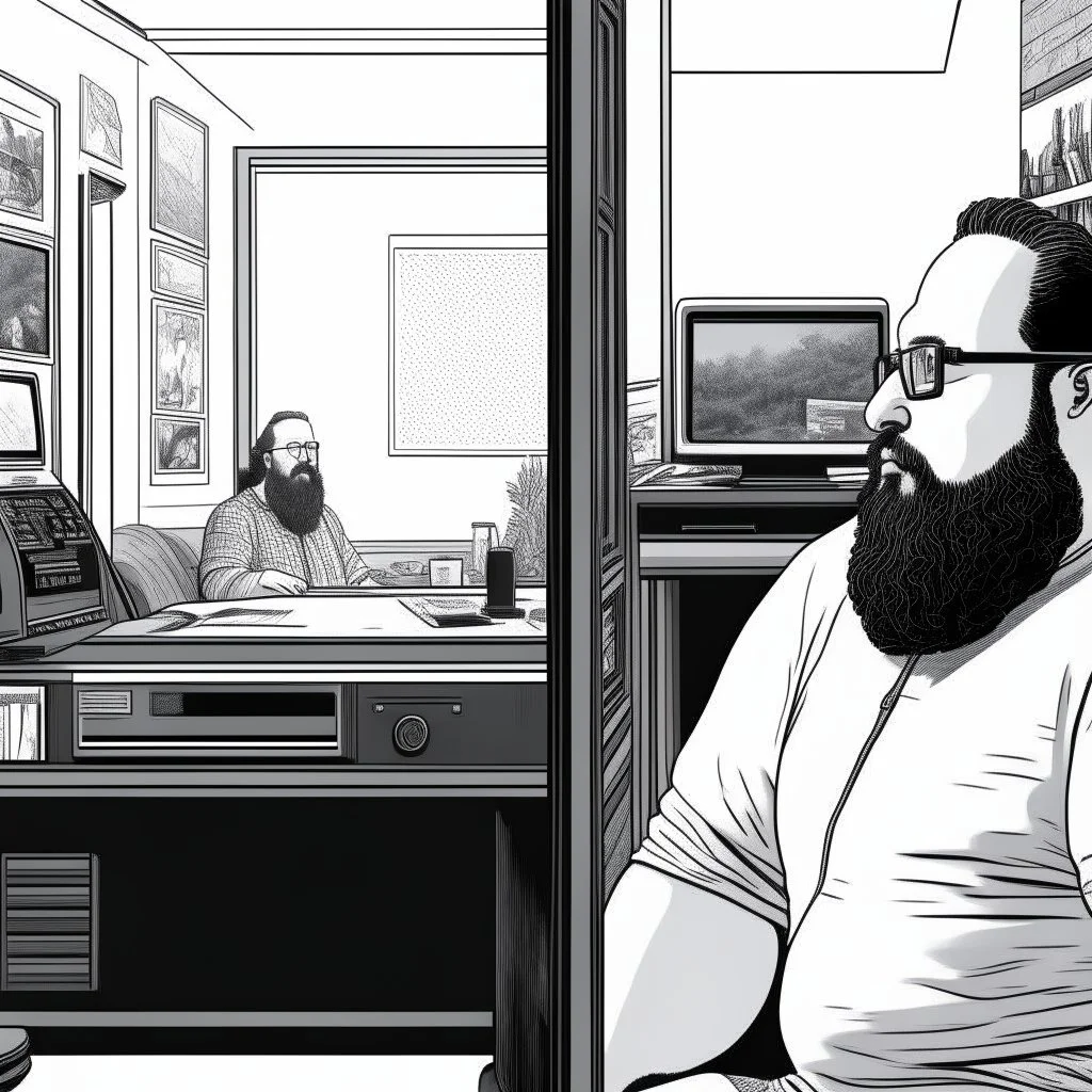 comicbook, 2 panels, black and white, in the left panel, a fat, bearded man watches the tv, in the right panel, intricate illustration of a side angle view of the tv