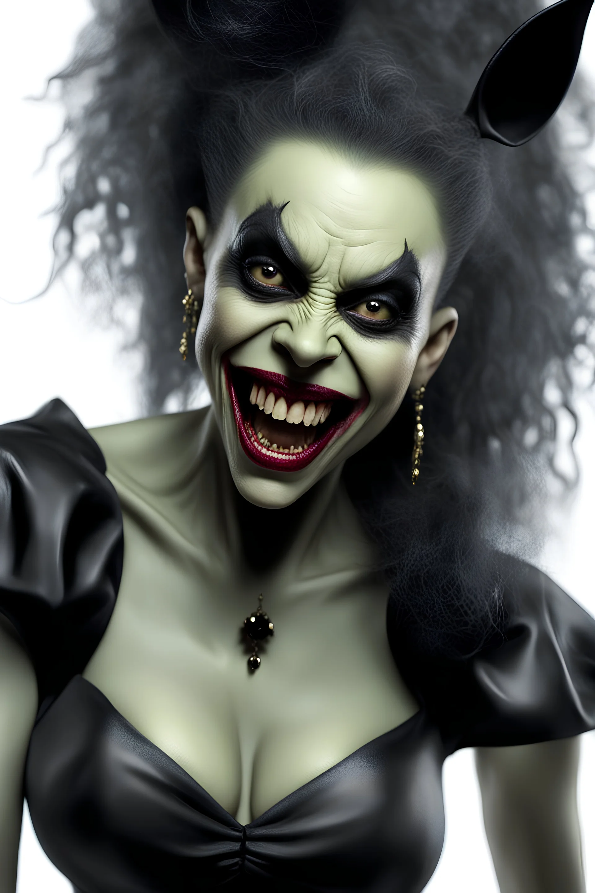 inspired by all the works of art in the world - laughing - Millie "The Bat" Miller, an extremely tiny, thin, voluptuous beautiful mickey mouse-faced vampire werewolf zombie female with a black mohawk, full body image, wearing a skinsuit, Absolute Reality, Reality engine, Realistic stock photo 1080p, 32k UHD, Hyper realistic, photorealistic, well-shaped, perfect figure, a multicolored, watercolor stained, wall in the background, hickory dickory Clock