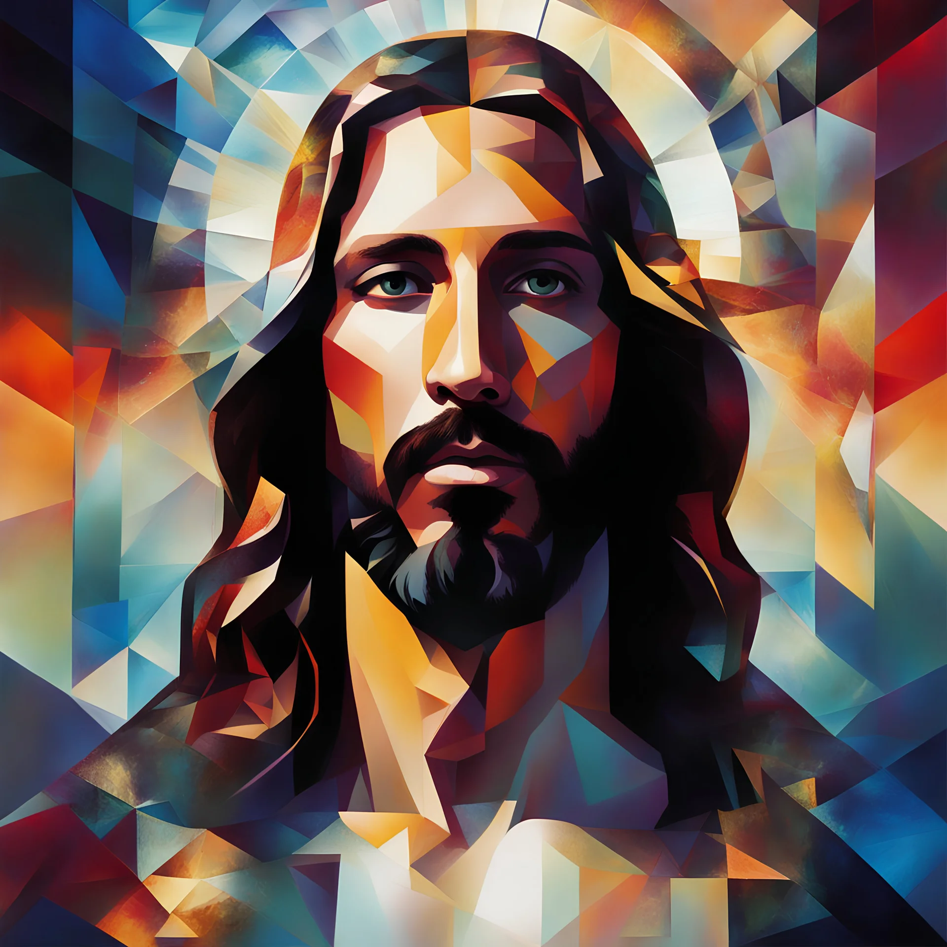 a digital artwork that combines the abstract and surreal style of Camões with Bryan Frost's less realistic reinterpretation of Jesus Christ. Employ neo-expressionism and cubist elements to create a distinctive representation of the theme. Integrate visual effects like broken glass, molecular textures, and iridescent/luminescent scales to add depth and interest. The background should be abstract, featuring patterns inspired by fashion and NFT elements, contributing to an intriguing and modern atm