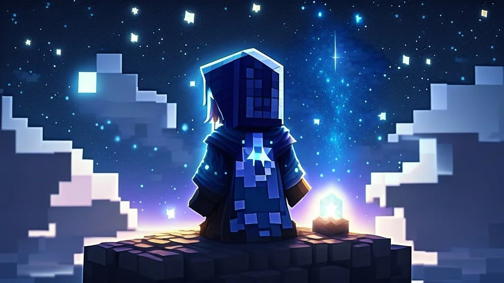 Minecraft Character, minecraft theme, purple starry sky, meditating, aesthetic, facing back, character wearing robes,