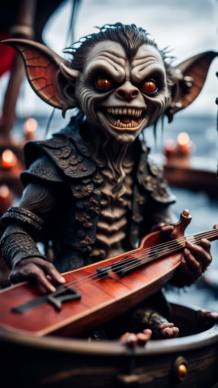 portrait of a vampire werewolf gremlin with mustage eating a violin blood of fish on a viking ship, in the style of Giger,bokeh like f/0.8, tilt-shift lens 8k, high detail, smooth render, down-light, unreal engine, prize winning