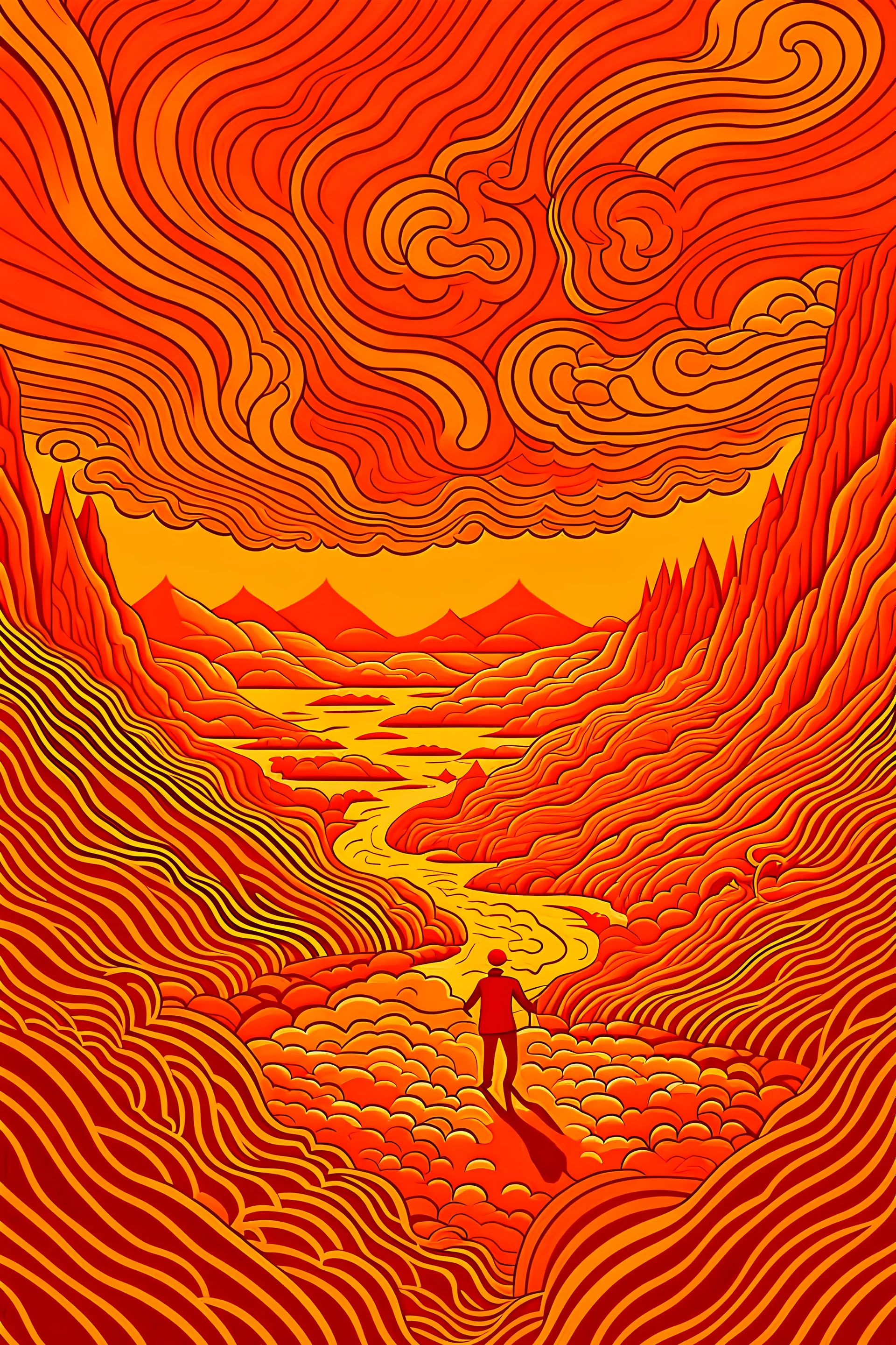 this is the poster for the film 'i can't be everywhere', in the style of intricate psychedelic landscapes, hyper-realistic animal illustrations, dark beige and orange, simplistic vector art, surreal 3d landscapes, detailed hunting scenes, flowing lines