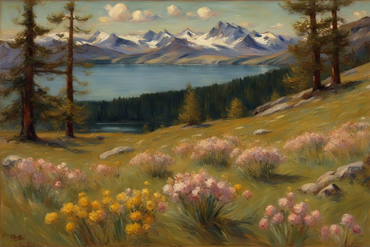 Sunny day, pine trees, mountains, prairie, flowers, lake, rocks, spring, philip wilson steer impressionism painting