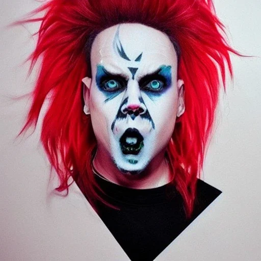 Keith Flint symmetric geometric portrait, realistic 3d anime , green hair, black metal facepaint, red eyes