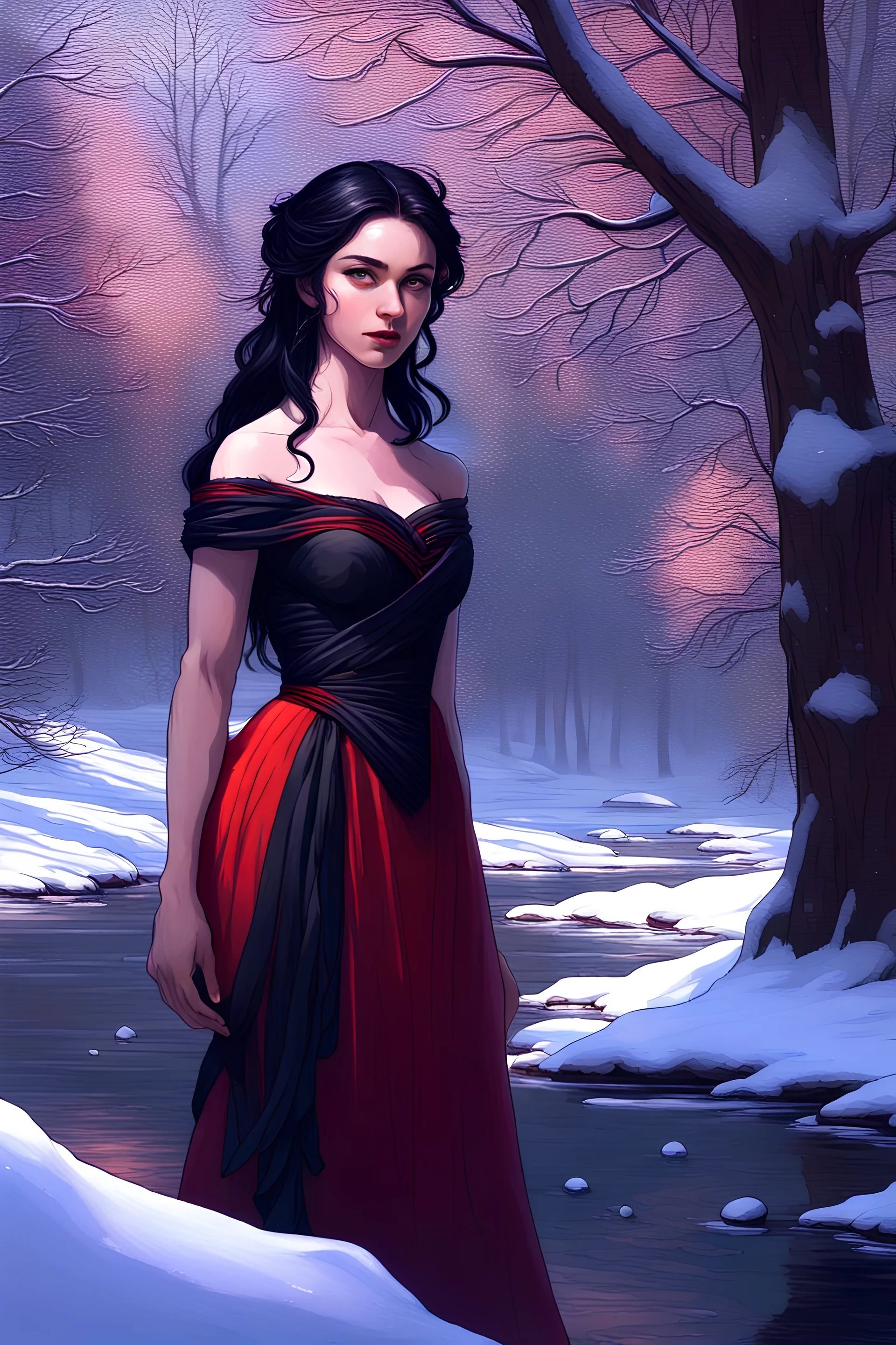 a pale woman with a highly detailed beautiful face, meticulously detailed multi-hued black hair and a red dress stands by a snowy riverbank with trees in the background, it is snowing; digital painting, artstation, art by Lisa Frank, artgerm, Greg Rutkowski, William-Adolphe Bouguereau, renaissance, Unreal Engine 5