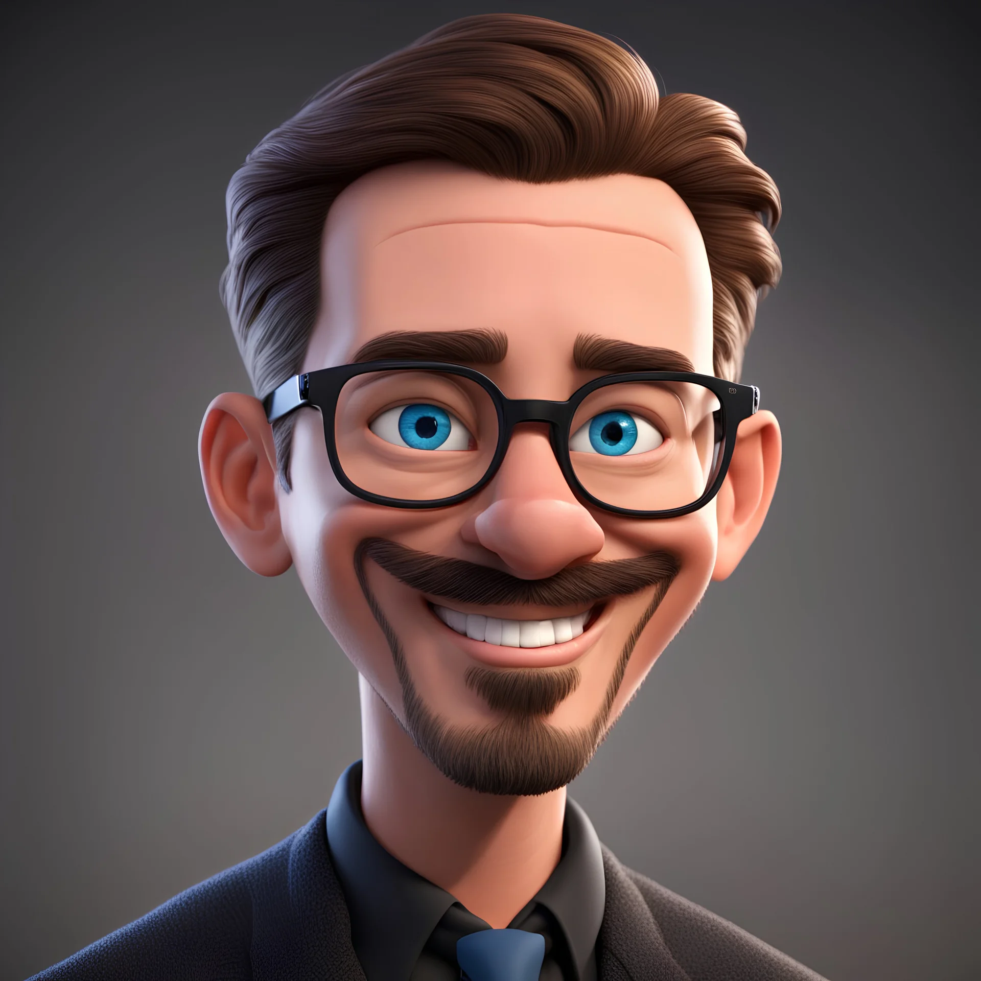 a portrait of smiling western man. caricature. brown short hair. light skin. blue eye pupils. rectangle eyeglasses, black frame. oval face shape. has a lot of goatee. wear black formal dress. pixar style. 3D. 4k. portrait. highly detailed. sharp focus. high resolution. full color. cinema lighting