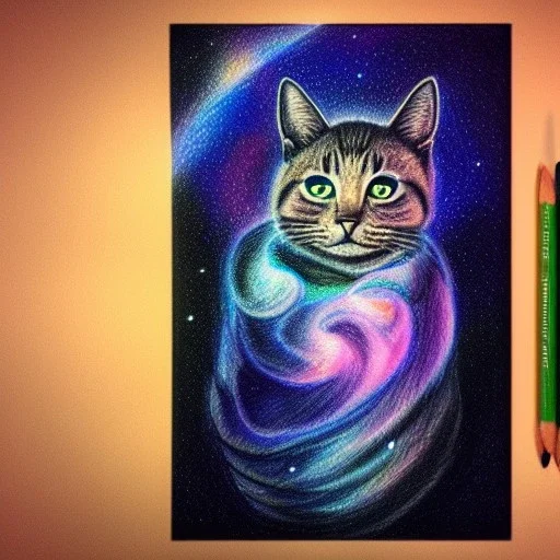 melted crayon drawing of mystical cat made of galaxy and milky way, 8k resolution, high-quality, fine-detail, ornate, baroque, muted colors, intricate, digital art, detailed matte, volumetric lighting, illustration, octane render,