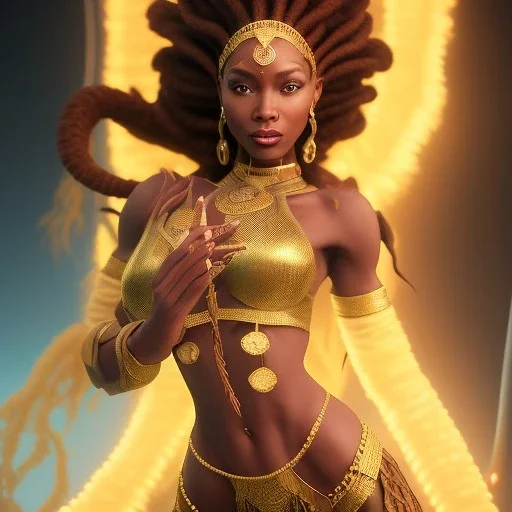 dhalsim as woman with long brown dreads,big pile of feathers,small hands, maze background , levitated lab equipment, 4k, Highly Detailed, Masterpiece, perfect eyes, Digital Illustration, Cinematic Lighting, Realistic, Sharp Focus, Centered, Beautifully Lit, Bioluminescent by Stanley Artgerm Lau