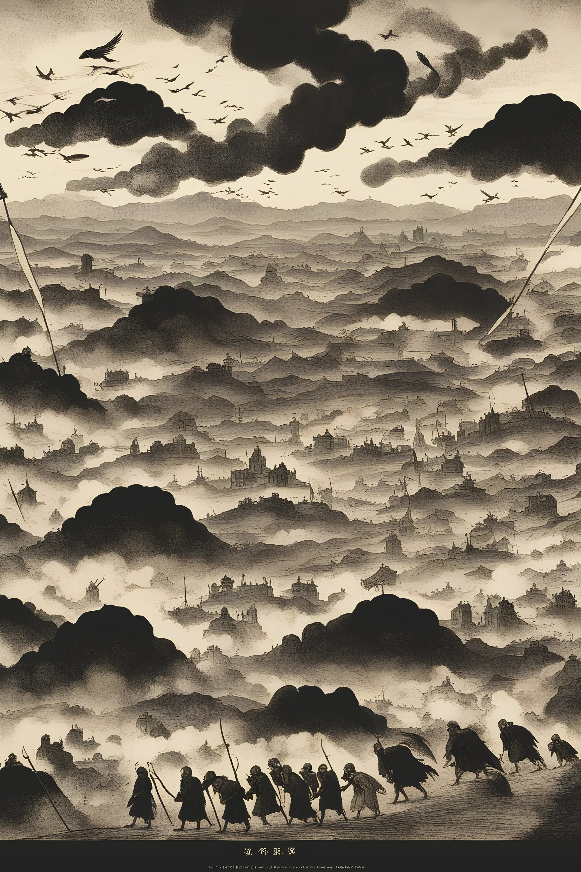 Design an image capturing the spread of the Black Death across asia, with ominous clouds symbolizing the plague's swift dissemination from Sicily to other regions.