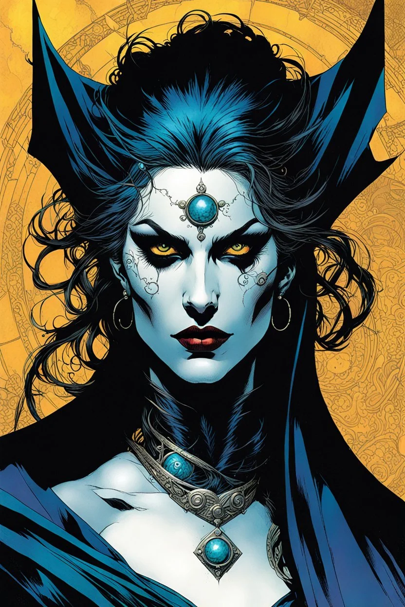 create an arcane, ethereal, otherworldly female Ravnos ancient antediluvian vampire sorceress , in the comic book art style of Mike Mignola, Bill Sienkiewicz, John Romita Jr., Leonardo Romero, Simone D'ARMINI, and Jean Giraud Moebius, with highly detailed feminine facial features , finely penciled and inked , dramatic natural lighting