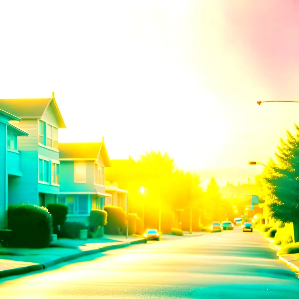 Photograph of a liminal suburbs, light pastel colors, blurred image from 90's