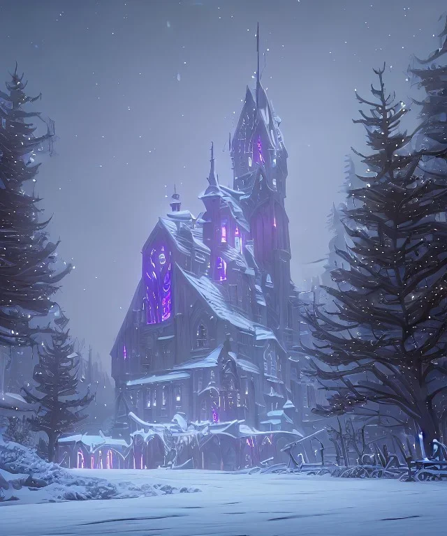 A magical snowy warlock gothic castle with river canals and a large Christmas tree