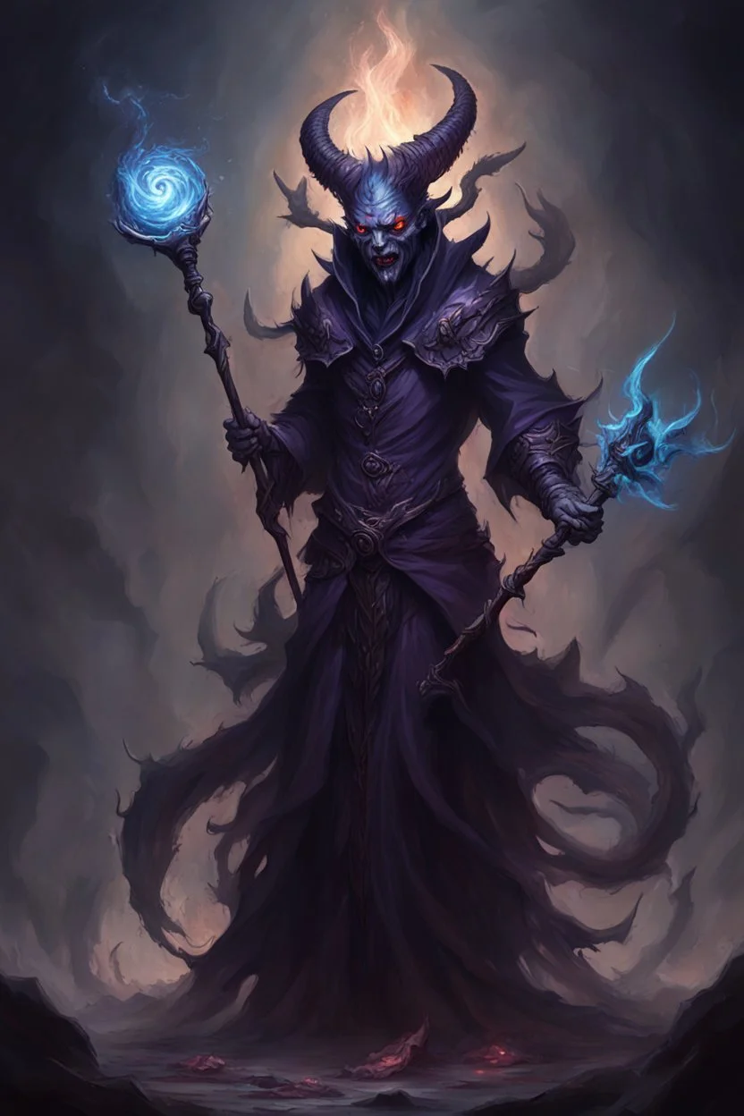 demon monster abyssal dark mage possessed by many souls with a staff