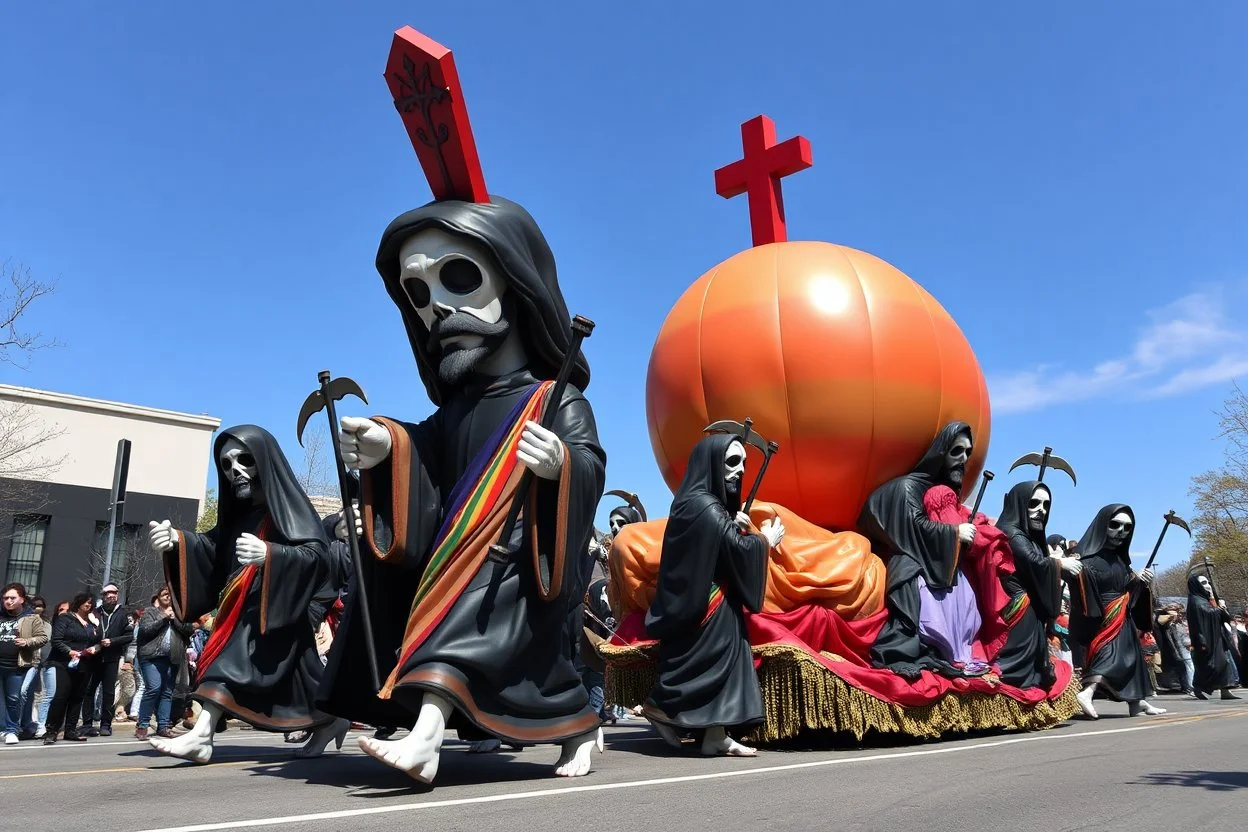 cartoonish jesus parade balloon pulled by multiple grim reapers, multi colored, bright, vivid, psychedelic, high detailed, high gloss, insanely detailed, matte, horrorcore, lining the street, unsettling contrast, monument to death, live action shot grim reaper parade, pulling a jesus parade float
