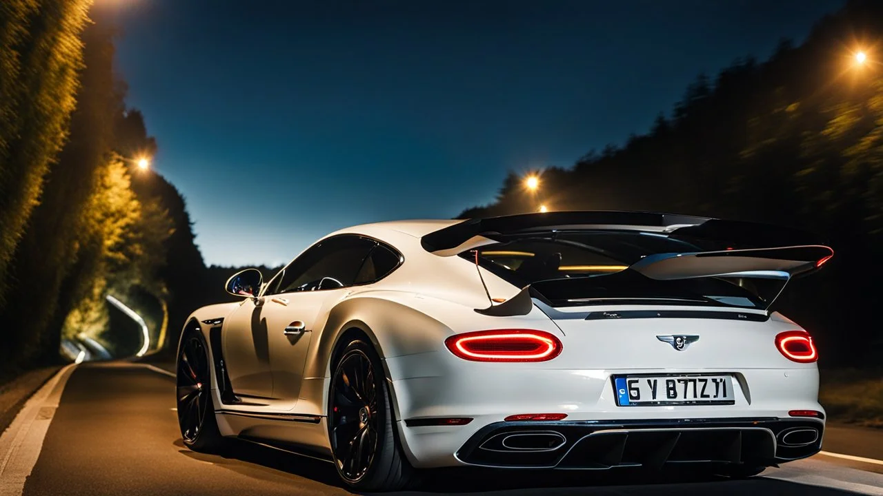 A sleek white shiny (((bentley x porsche))), (((cinematic view))), zipping along a winding road under a beautiful blue black night sky