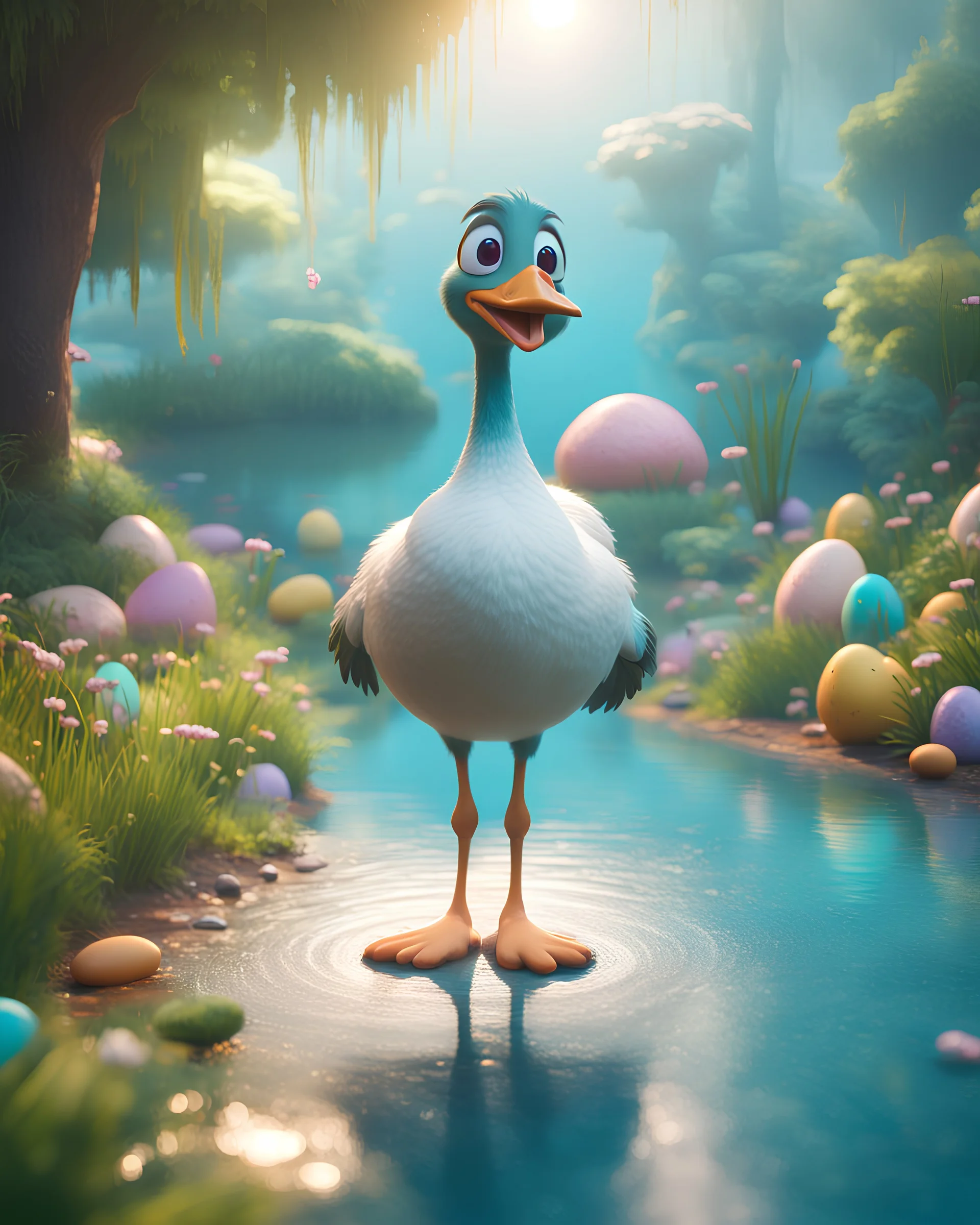 Easter holidays, Pixar art style cute smiling goose with big eyes, wearing Jordans, in the Garden of Eden, stylized vegetation, turquoise water ground view, fog, super detailed, digital art, art station trends, cinematic lighting, Unreal Engine 5 Rendering, Octane Rendering