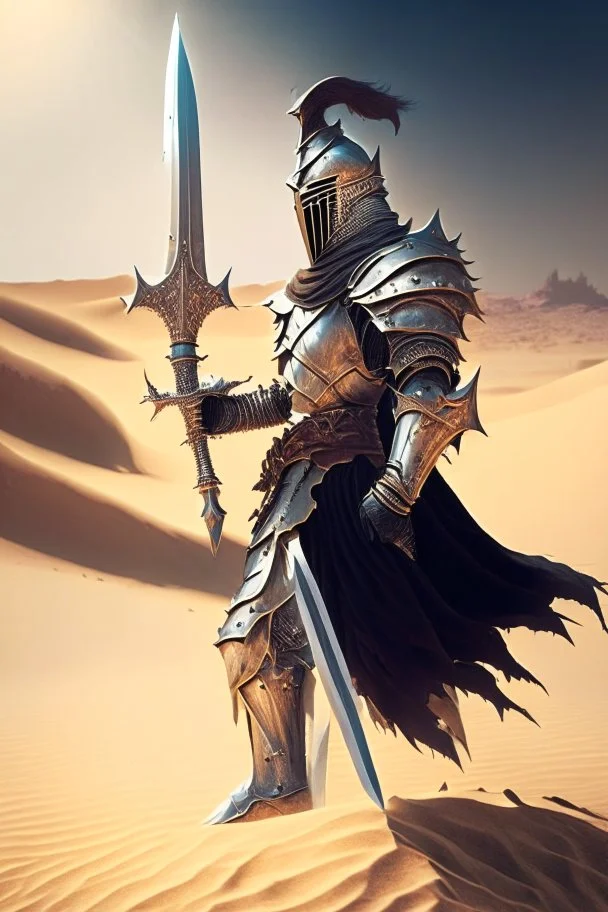 royal knight holding a greatsword roaming a desert
