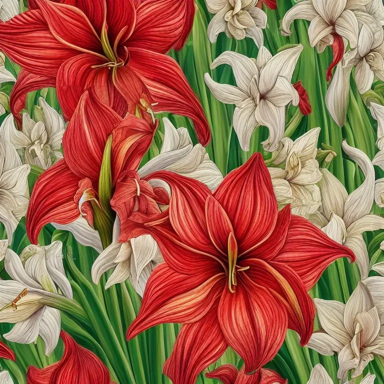 A highly detailed oil painting of intricate Amaryllis flowers, seamless pattern, Baroque
